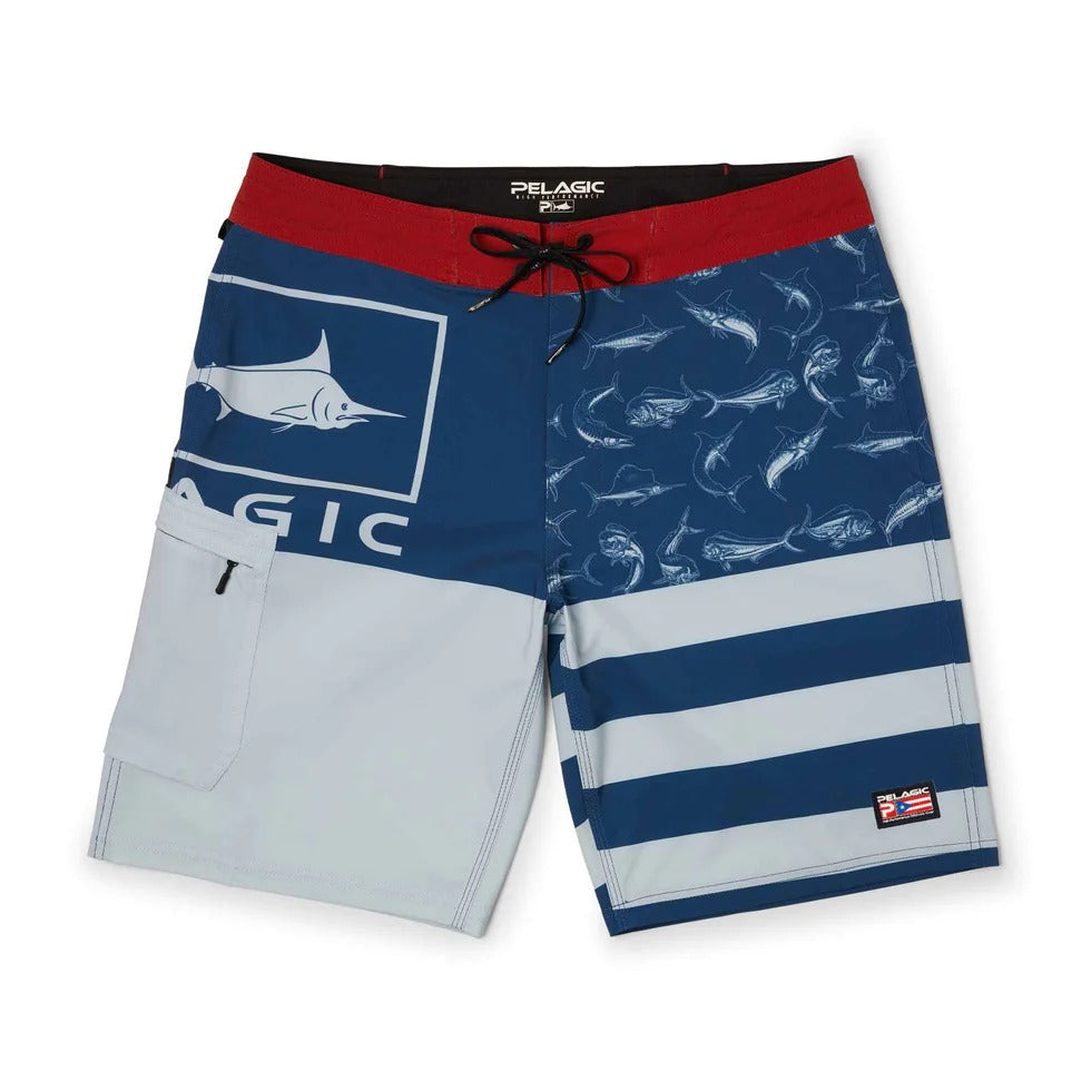 Pelagic Men's Fishing Trunks Swim Shorts Blue/White/Red Sharkskin Americamo  33