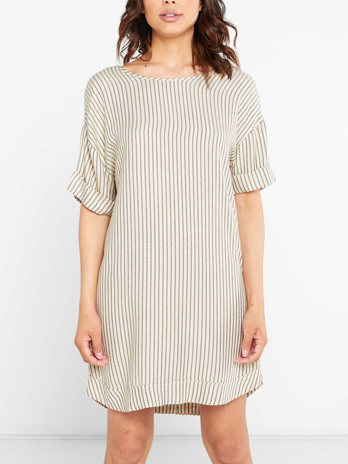 Short-Sleeve Striped Boxy Tie-Back Dress