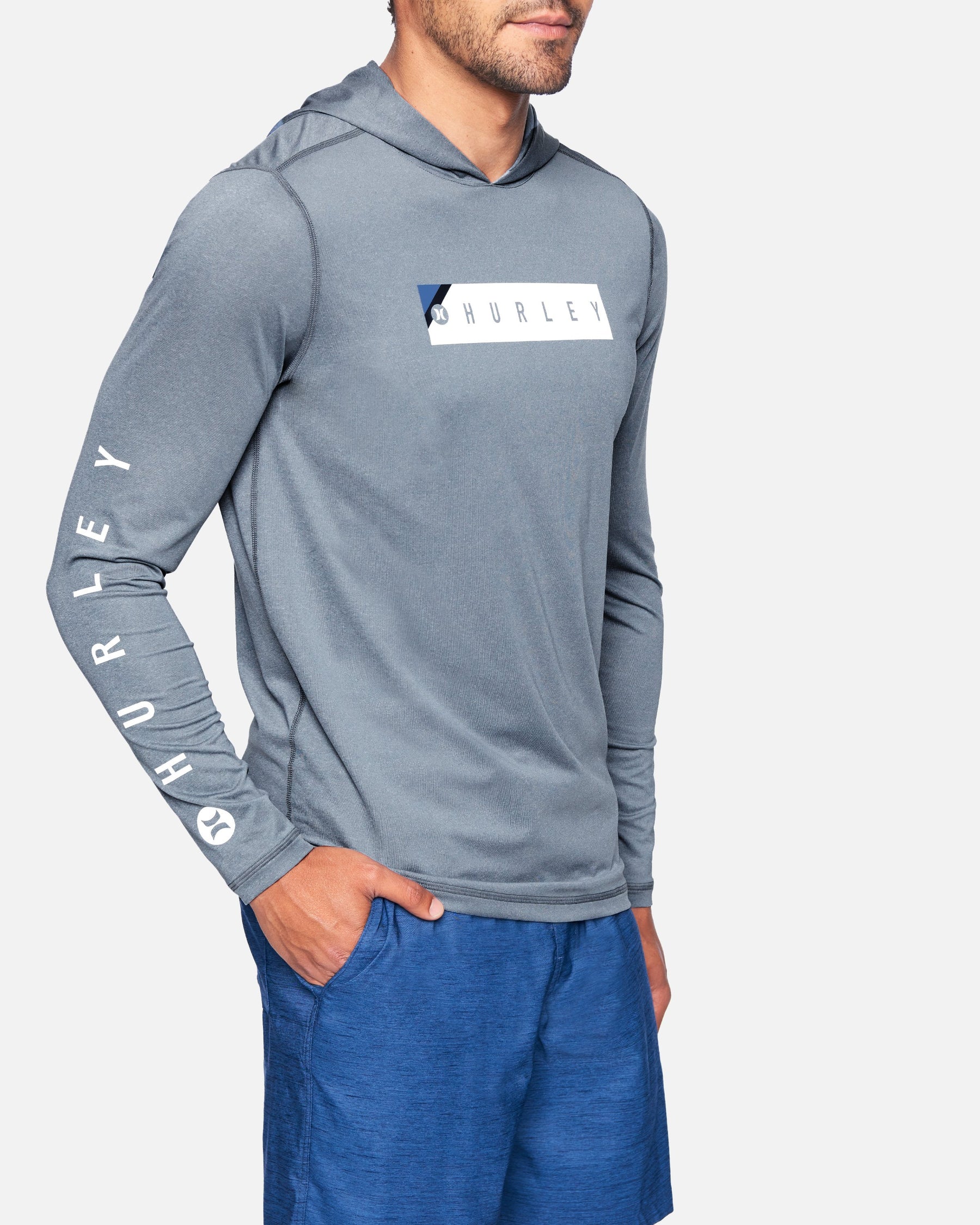 Barred Hybrid UPF Long Sleeve Hooded Shirt (Cool Grey)